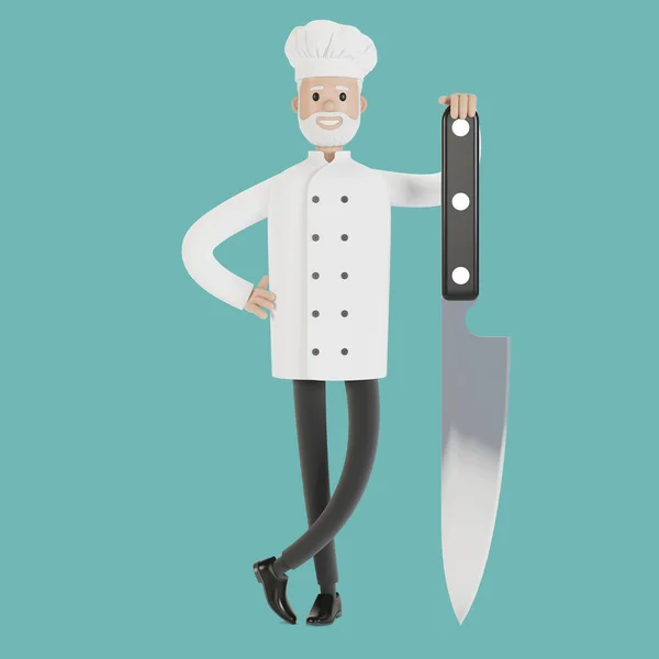 Chef Con Cuchillo Grande Ilustración Estilo Dibujos Animados — Foto de Stock