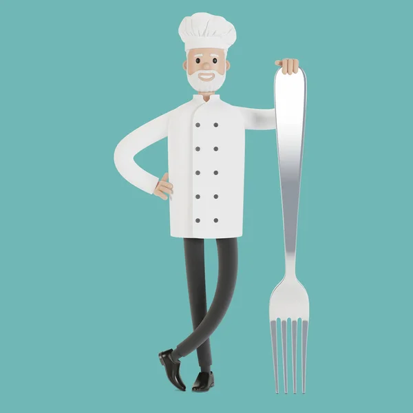 Chef Com Garfo Grande Ilustração Estilo Cartoon — Fotografia de Stock