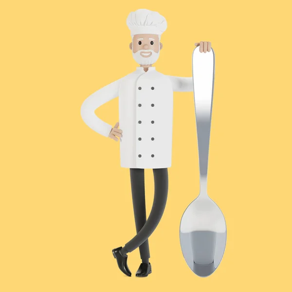 Chef Con Cucchiaio Grande Illustrazione Stile Cartone Animato — Foto Stock