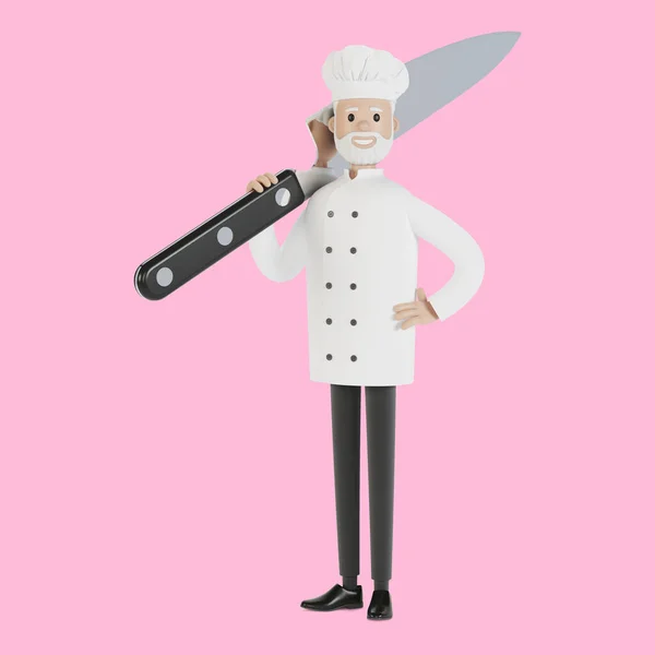 大きなナイフでシェフ 漫画風の3Dイラスト — ストック写真
