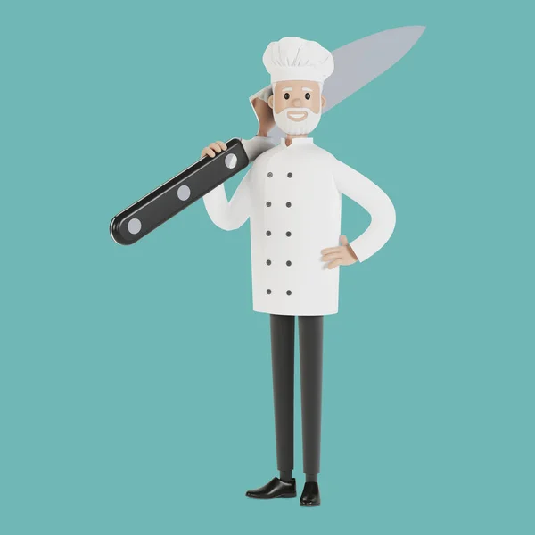 Chef with a large knife. 3D illustration in cartoon style.