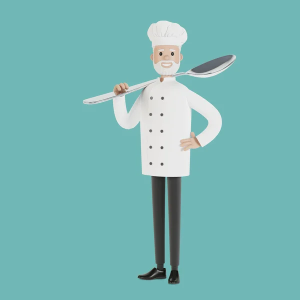 Chef with a large spoon. 3D illustration in cartoon style.
