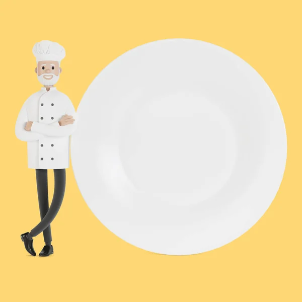Chef with a large plate. 3D illustration in cartoon style.