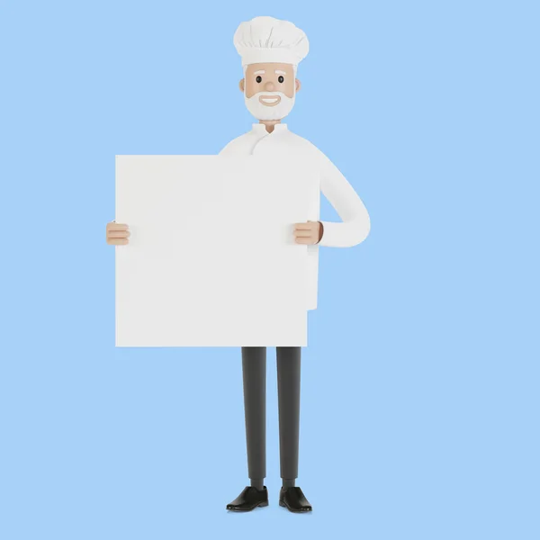 Chef with a banner in his hands. 3D illustration in cartoon style.