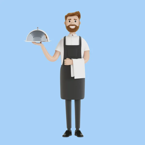 拿着盘子的服务员卡通风格的3D插图 — 图库照片