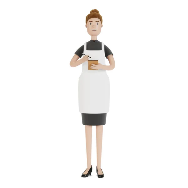 The waiter takes the order with a notebook and pencil. 3D illustration in cartoon style.