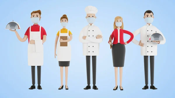 餐厅职员 为身着制服的专业人员提供饮食 卡通风格的3D插图 — 图库照片