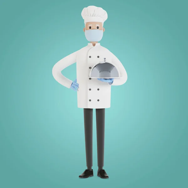 Der Koch Hält Ein Silbernes Tablett Der Hand Illustration Cartoon — Stockfoto