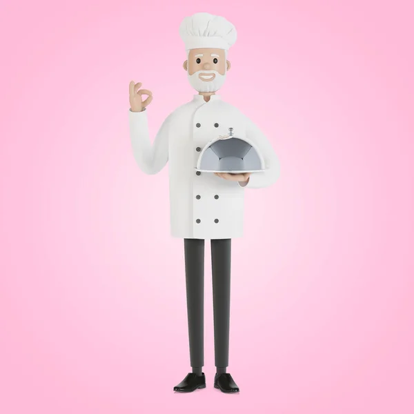 Der Koch Hält Ein Silbernes Tablett Der Hand Und Macht — Stockfoto