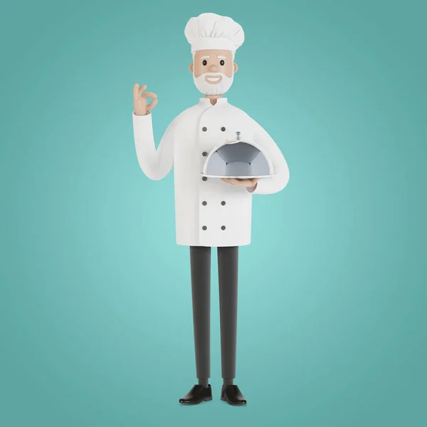 厨师拿着一个银盘 做了个完美的菜姿势 卡通风格的3D插图 — 图库照片