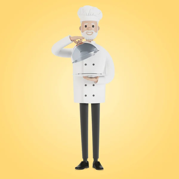 有银盘的厨师主厨介绍一道菜 卡通风格的3D插图 — 图库照片