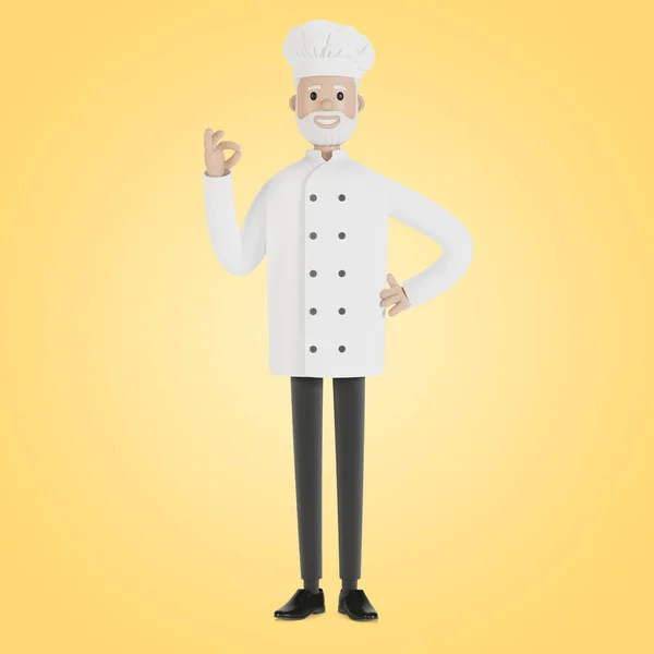 厨师摆出完美菜式的姿势 卡通风格的3D插图 — 图库照片