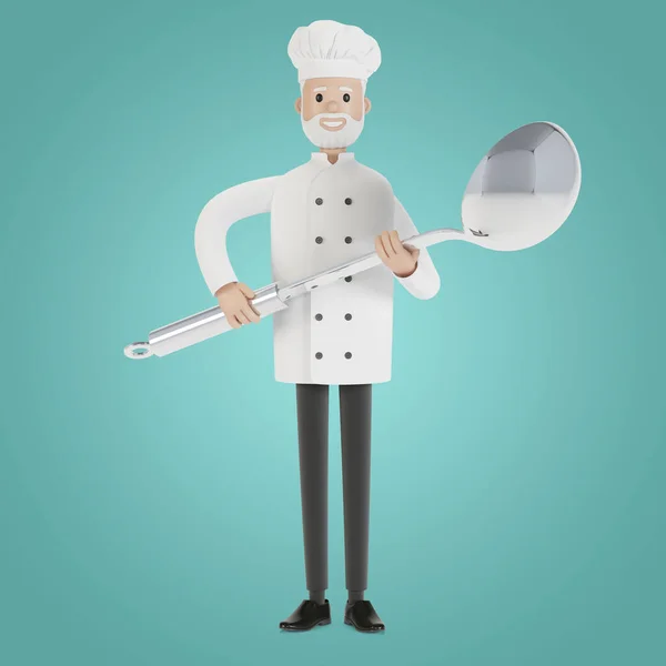 Chef with a big ladle. 3D illustration in cartoon style.