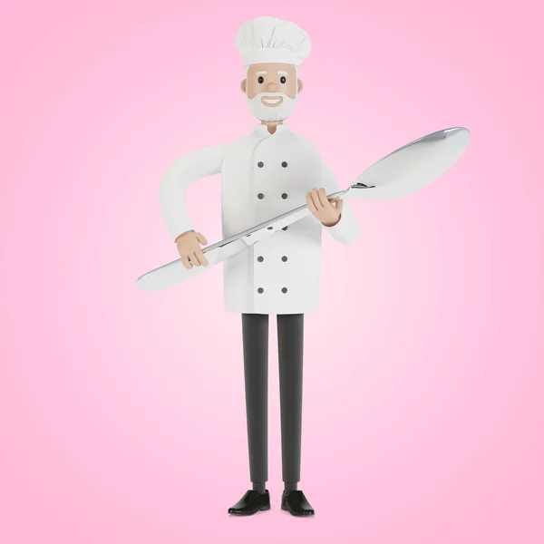 Koch Mit Einem Großen Löffel Illustration Cartoon Stil — Stockfoto