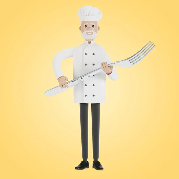 Chef Con Una Grande Forchetta Illustrazione Stile Cartone Animato — Foto Stock