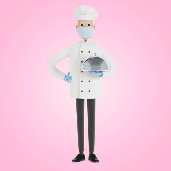 Chef Kok Houdt Een Zilveren Dienblad Vast Illustratie Cartoon Stijl — Stockfoto