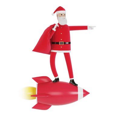 Bir çanta dolusu hediye taşıyan mutlu Noel Baba karakteri bir roketin üstünde uçuyor. Noel kartları, afişler ve etiketler için. Çizgi film tarzında 3B illüstrasyon.