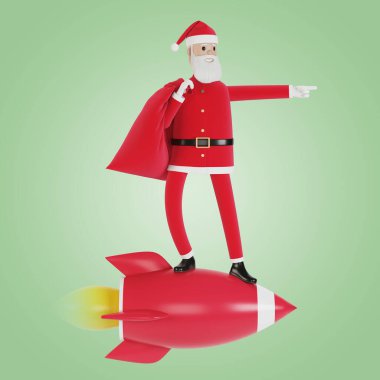Bir çanta dolusu hediye taşıyan mutlu Noel Baba karakteri bir roketin üstünde uçuyor. Noel kartları, afişler ve etiketler için. Çizgi film tarzında 3B illüstrasyon.
