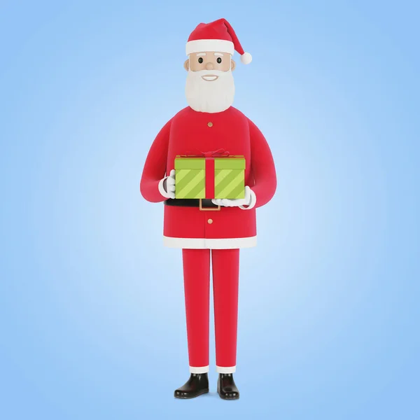 ギフトボックス付きハッピーサンタクロース文字 クリスマスカード バナーやラベルのために 漫画風の3Dイラスト — ストック写真