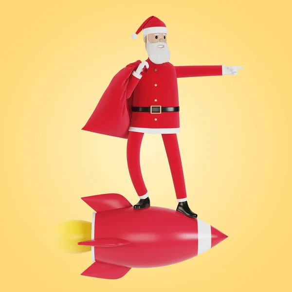 Feliz Personaje Santa Claus Con Una Bolsa Regalos Vuela Cohete —  Fotos de Stock