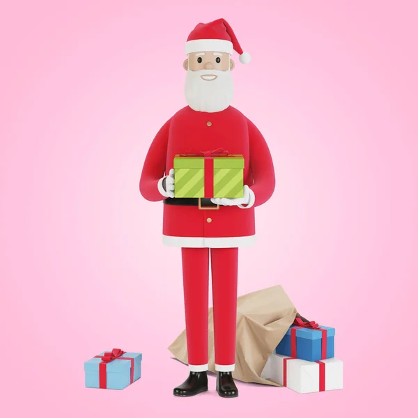 Szczęśliwy Charakter Świętego Mikołaja Pudełkiem Prezentów Kartki Świąteczne Banery Etykiety — Zdjęcie stockowe