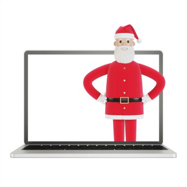 Noel Baba insanlara hediye dağıtır, online hediyeler. Noel Baba 'nın dizüstü bilgisayarı. İnternetten alışveriş, teslimat. Çizgi film tarzında 3B illüstrasyon.