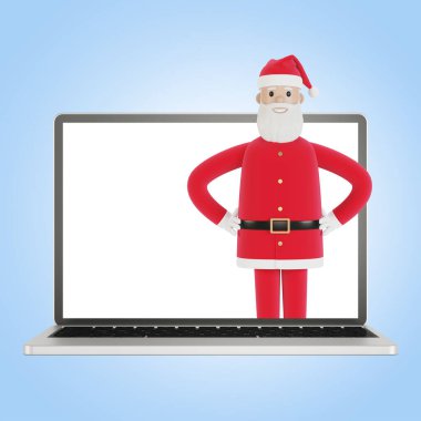 Noel Baba insanlara hediye dağıtır, online hediyeler. Noel Baba 'nın dizüstü bilgisayarı. İnternetten alışveriş, teslimat. Çizgi film tarzında 3B illüstrasyon.