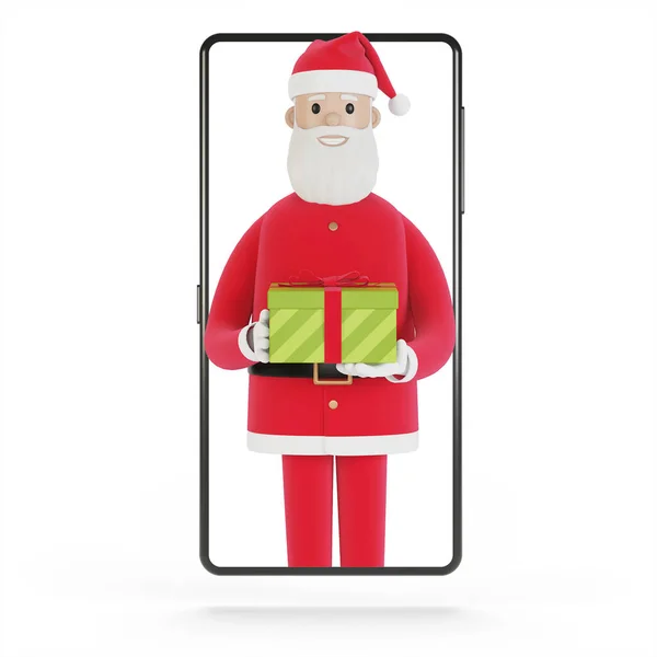 Άγιος Βασίλης Παραδίδει Δώρα Online Δώρα Στους Ανθρώπους Smartphone Οθόνη — Φωτογραφία Αρχείου