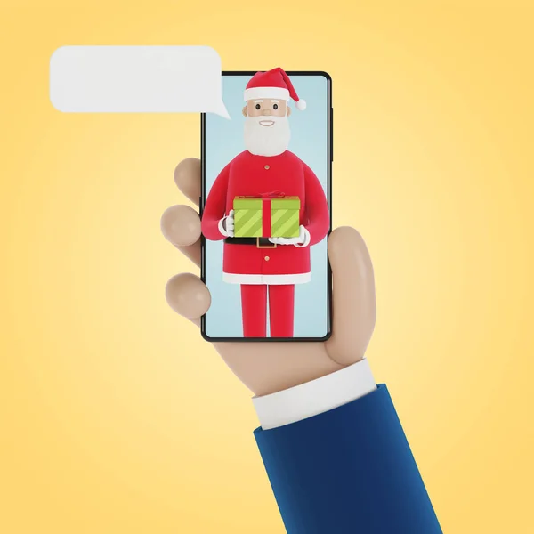 Incoming call from Santa Claus on the smartphone screen. Online shopping, Christmas gifts online. 3D illustration in cartoon style.