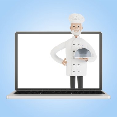 Restoran ekibi laptop ekranında. Restorandan karikatür tarzında 3D resim teslimatı..