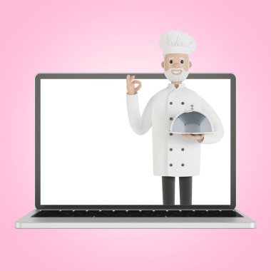 Restoran ekibi laptop ekranında. Restorandan karikatür tarzında 3D resim teslimatı..