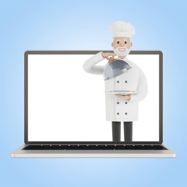 Restoran ekibi laptop ekranında. Restorandan karikatür tarzında 3D resim teslimatı..