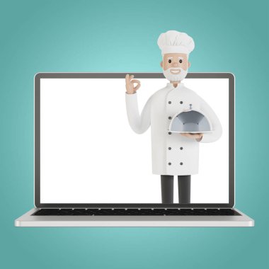 Restoran ekibi laptop ekranında. Restorandan karikatür tarzında 3D resim teslimatı..