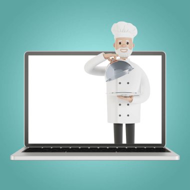 Restoran ekibi laptop ekranında. Restorandan karikatür tarzında 3D resim teslimatı..