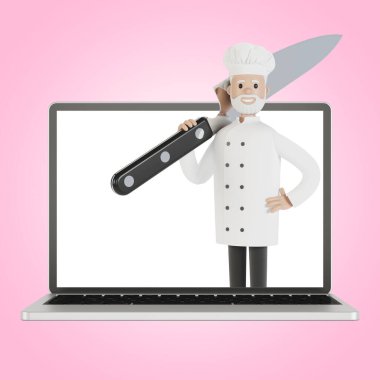 Restoran ekibi laptop ekranında. Restorandan karikatür tarzında 3D resim teslimatı..