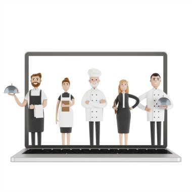 Restoran ekibi laptop ekranında. Restorandan karikatür tarzında 3D resim teslimatı..