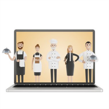 Restoran ekibi laptop ekranında. Restorandan karikatür tarzında 3D resim teslimatı..