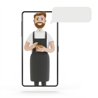 Akıllı telefon ekranındaki garson. Restorandan online dağıtım konsepti. Çizgi film tarzında 3B illüstrasyon.