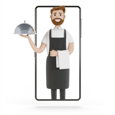 Akıllı telefon ekranındaki garson. Restorandan online dağıtım konsepti. Çizgi film tarzında 3B illüstrasyon.