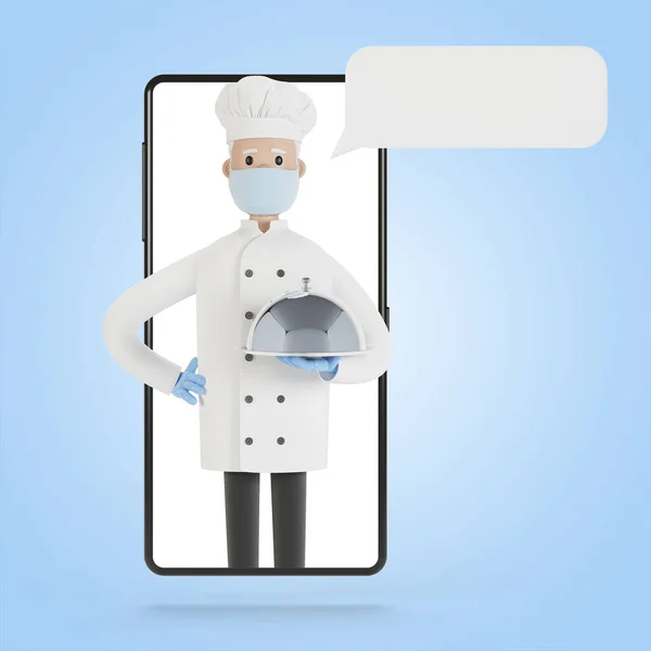 스마트폰 화면에서 주방장이야 온라인 제대로 요리하기 만화에 나오는 삽화를 레스토랑에서 — 스톡 사진
