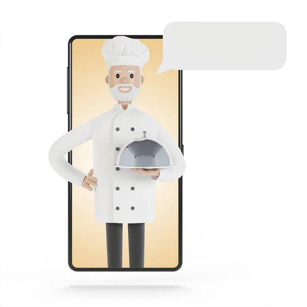 Chef at the smartphone screen. Online cooking courses, proper cooking. Delivery from the restaurant 3D illustration in cartoon style.