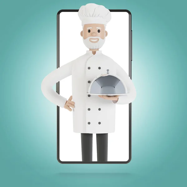 Chef at the smartphone screen. Online cooking courses, proper cooking. Delivery from the restaurant 3D illustration in cartoon style.