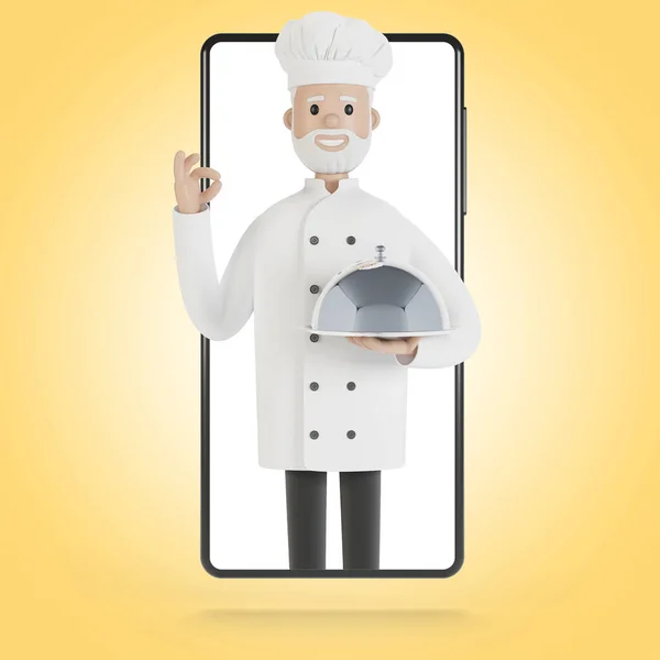 Chef at the smartphone screen. Online cooking courses, proper cooking. Delivery from the restaurant 3D illustration in cartoon style.