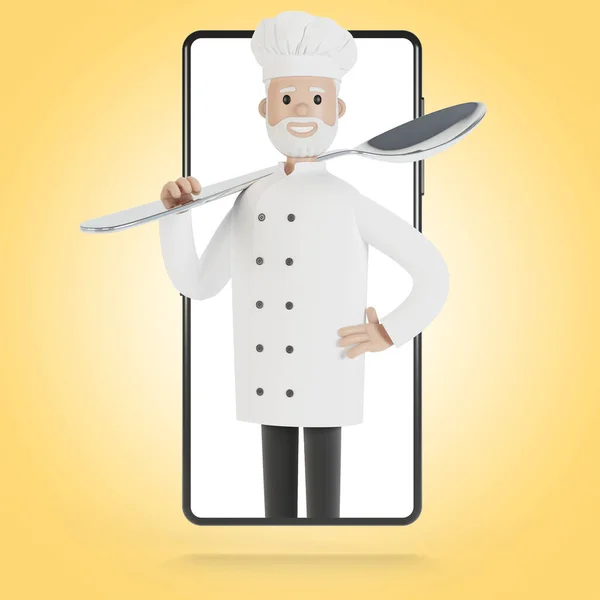 Szef Kuchni Ekranie Smartfona Kursy Gotowania Online Właściwe Gotowanie Dostawa — Zdjęcie stockowe