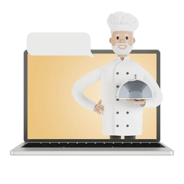 Personel Restauracji Ekranie Laptopa Dostawa Restauracji Ilustracji Stylu Kreskówki — Zdjęcie stockowe