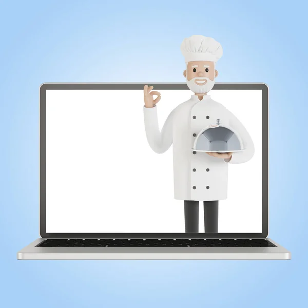 Restaurantmitarbeiter Laptop Bildschirm Lieferung Aus Dem Restaurant Illustration Cartoon Stil — Stockfoto