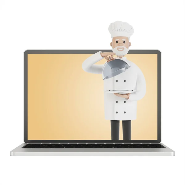 Restaurant Staff Team Laptop Screen Delivery Restaurant Illustration Cartoon Style — Stock Photo, Image