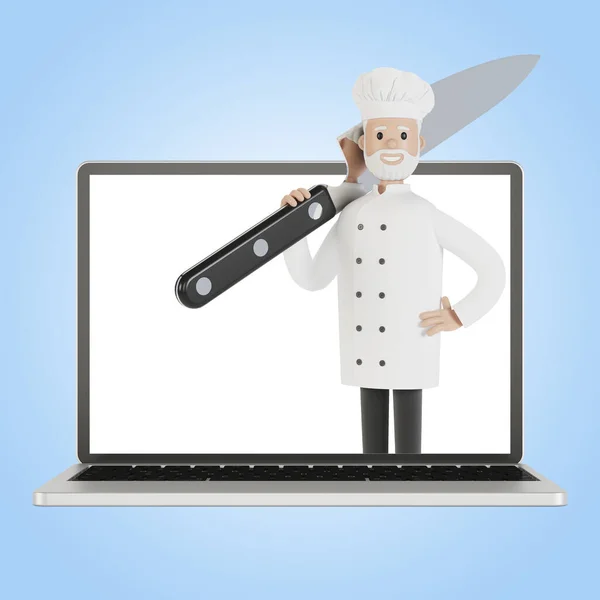 Restaurant Staff Team Laptop Screen Delivery Restaurant Illustration Cartoon Style — Stock Photo, Image