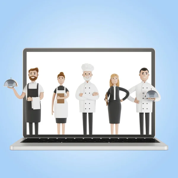 Restaurant staff team at the laptop screen. Delivery from the restaurant 3D illustration in cartoon style.