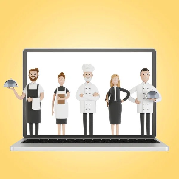 Restaurant Staff Team Laptop Screen Delivery Restaurant Illustration Cartoon Style — Stock Photo, Image